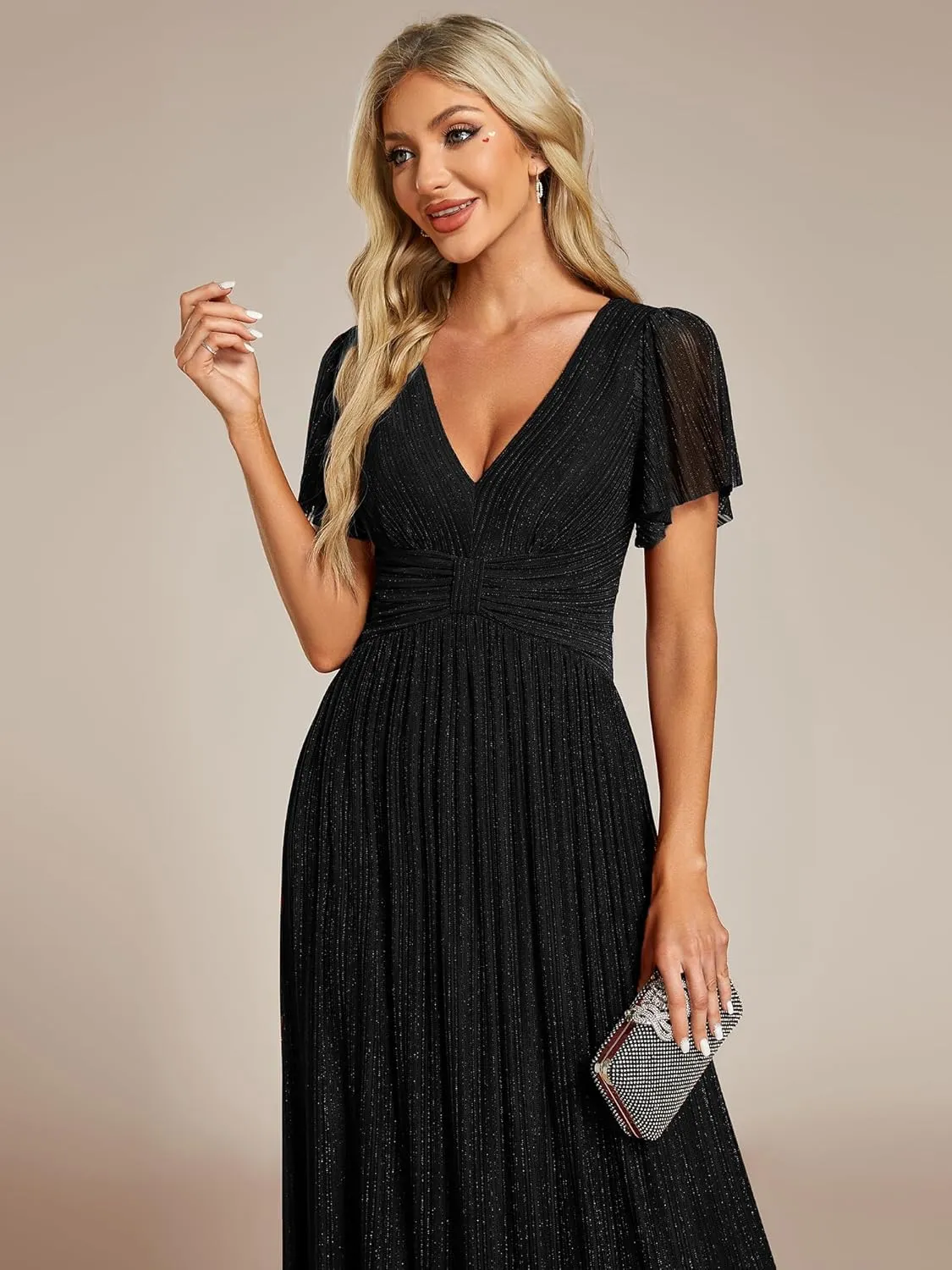 Ever-Pretty Women's Summer Wedding Guest Dress Glitter V Neck Pleated Short Sleeves Evening Mother Dresses 11961