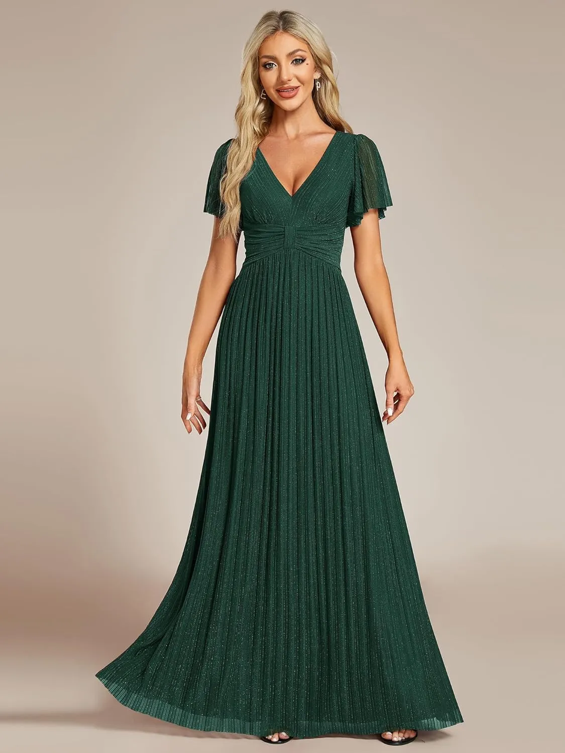 Ever-Pretty Women's Summer Wedding Guest Dress Glitter V Neck Pleated Short Sleeves Evening Mother Dresses 11961