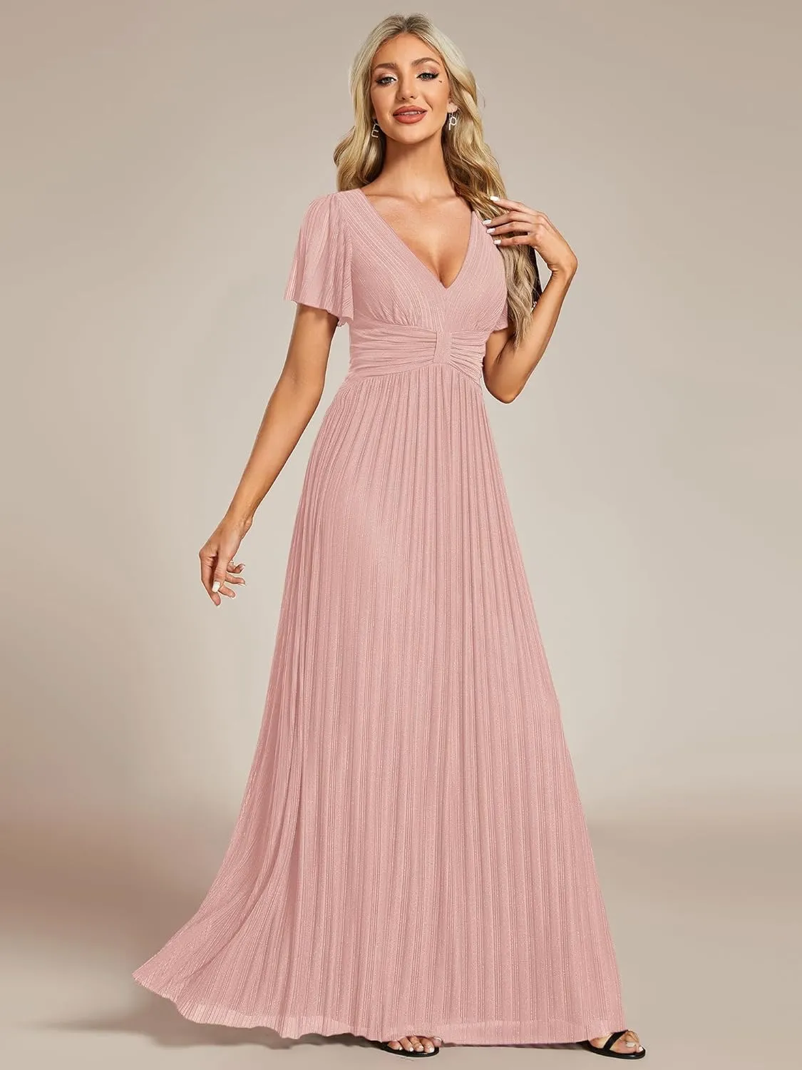 Ever-Pretty Women's Summer Wedding Guest Dress Glitter V Neck Pleated Short Sleeves Evening Mother Dresses 11961