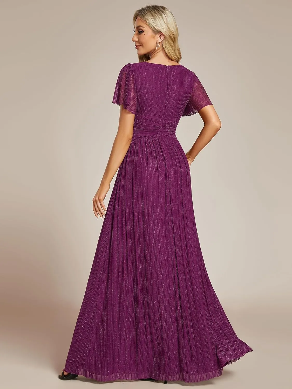 Ever-Pretty Women's Summer Wedding Guest Dress Glitter V Neck Pleated Short Sleeves Evening Mother Dresses 11961