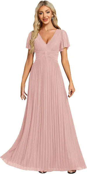 Ever-Pretty Women's Summer Wedding Guest Dress Glitter V Neck Pleated Short Sleeves Evening Mother Dresses 11961