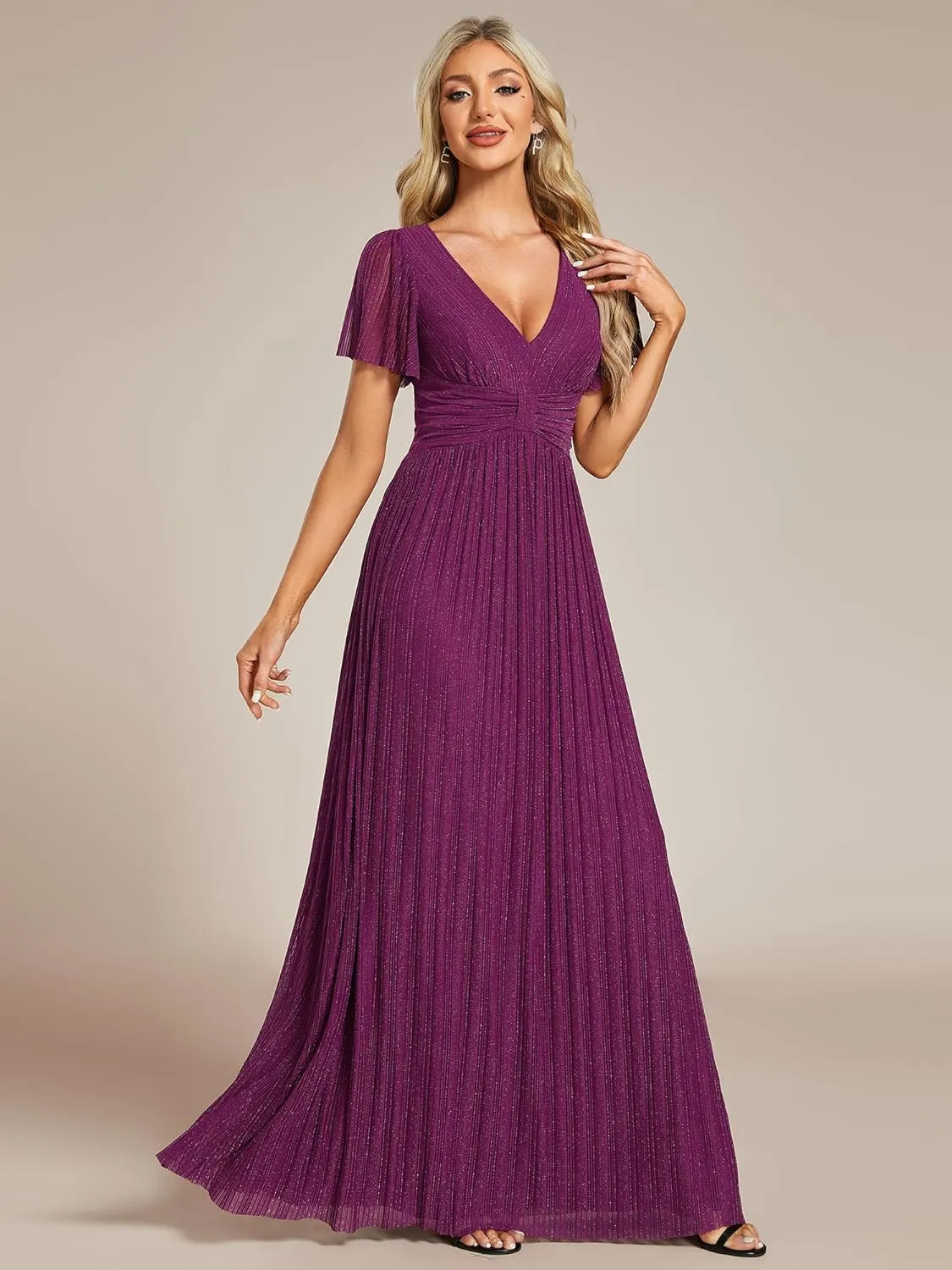 Ever-Pretty Women's Summer Wedding Guest Dress Glitter V Neck Pleated Short Sleeves Evening Mother Dresses 11961