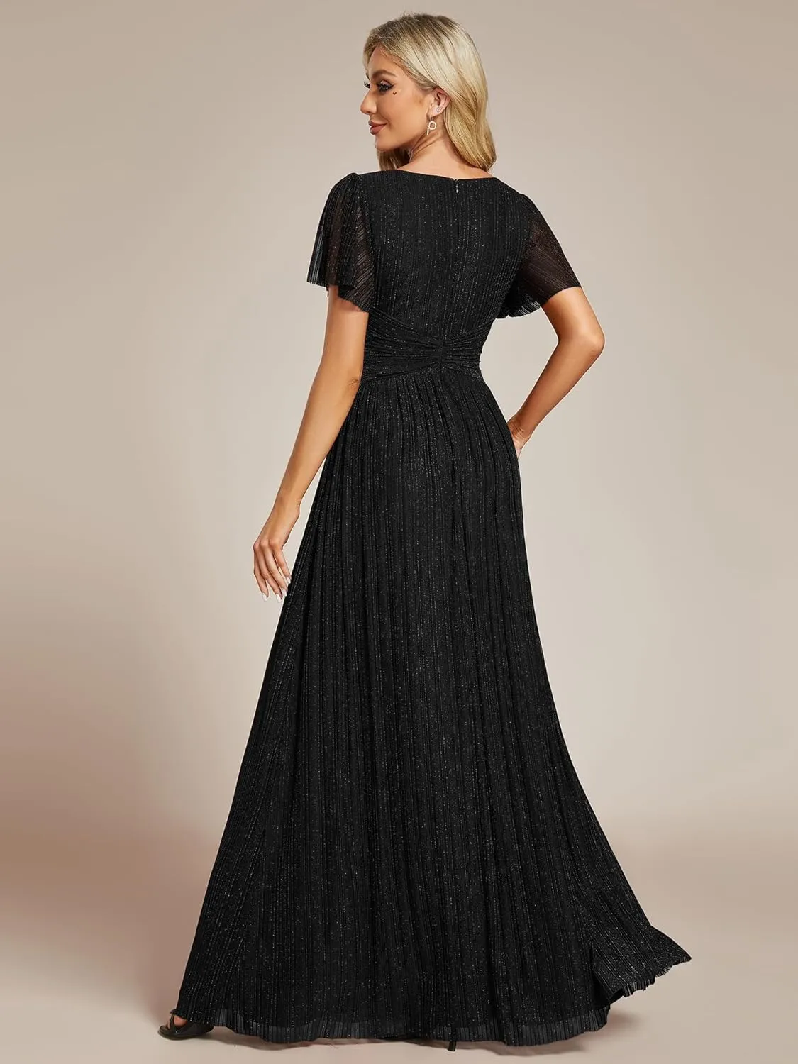 Ever-Pretty Women's Summer Wedding Guest Dress Glitter V Neck Pleated Short Sleeves Evening Mother Dresses 11961