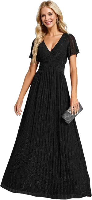 Ever-Pretty Women's Summer Wedding Guest Dress Glitter V Neck Pleated Short Sleeves Evening Mother Dresses 11961