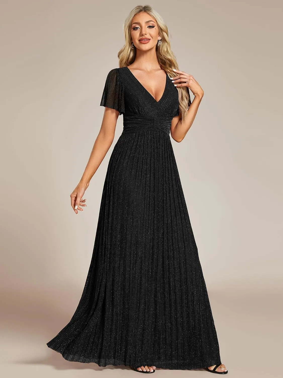 Ever-Pretty Women's Summer Wedding Guest Dress Glitter V Neck Pleated Short Sleeves Evening Mother Dresses 11961