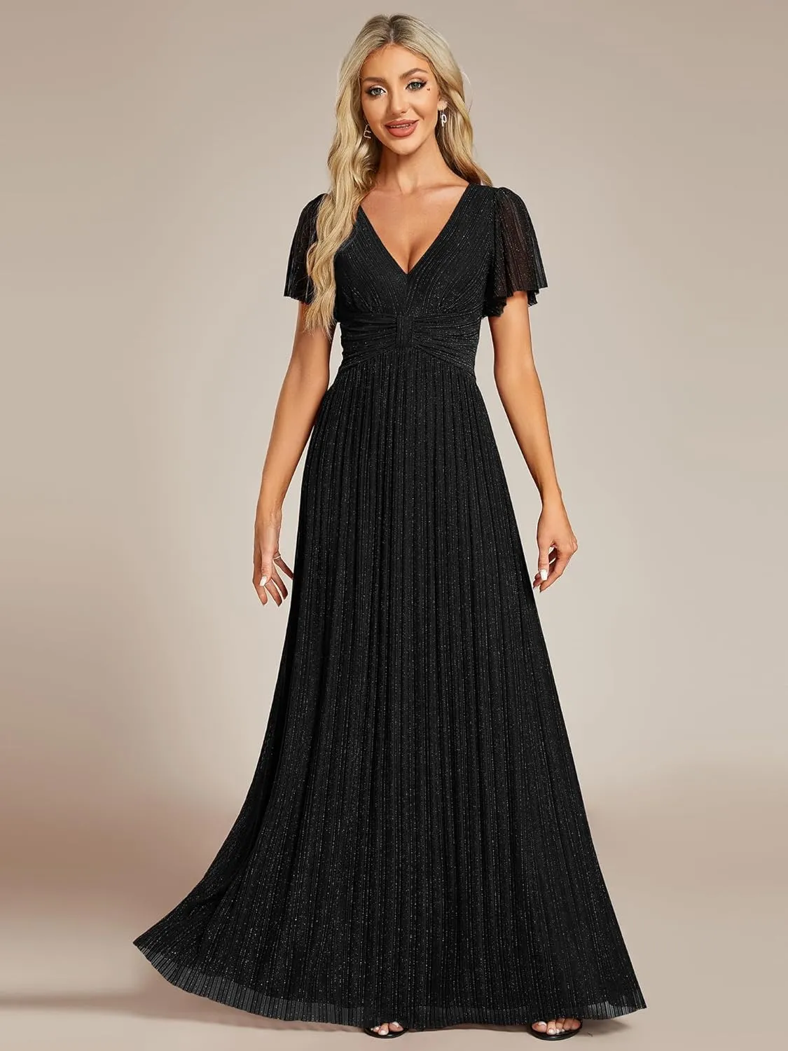 Ever-Pretty Women's Summer Wedding Guest Dress Glitter V Neck Pleated Short Sleeves Evening Mother Dresses 11961