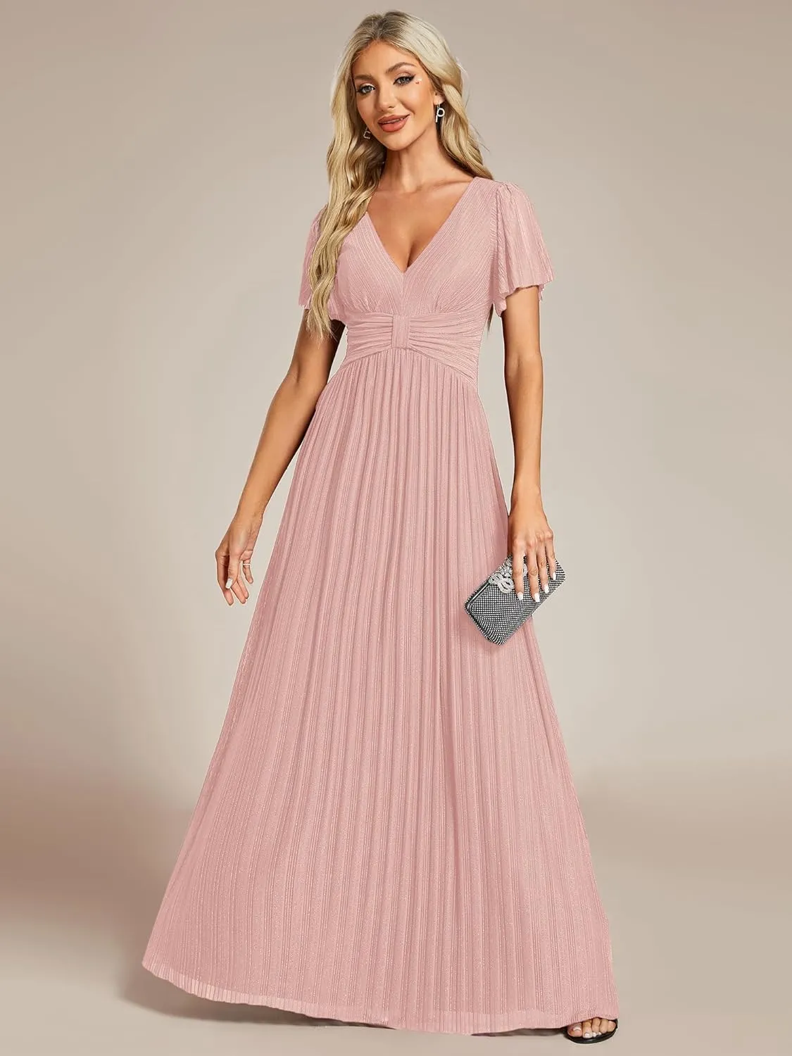 Ever-Pretty Women's Summer Wedding Guest Dress Glitter V Neck Pleated Short Sleeves Evening Mother Dresses 11961