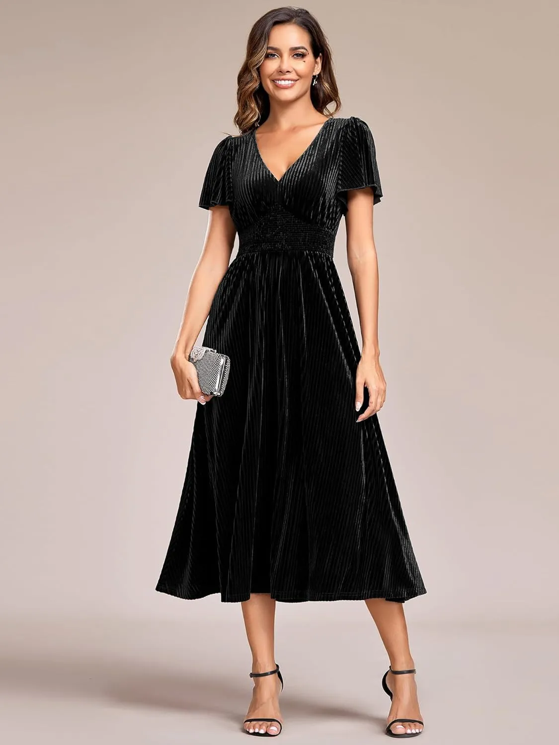 Ever-Pretty Women's V Neck A Line Velvet Midi Dress Flutter Sleeve Ruched Bridesmaid Cocktail Party Dress