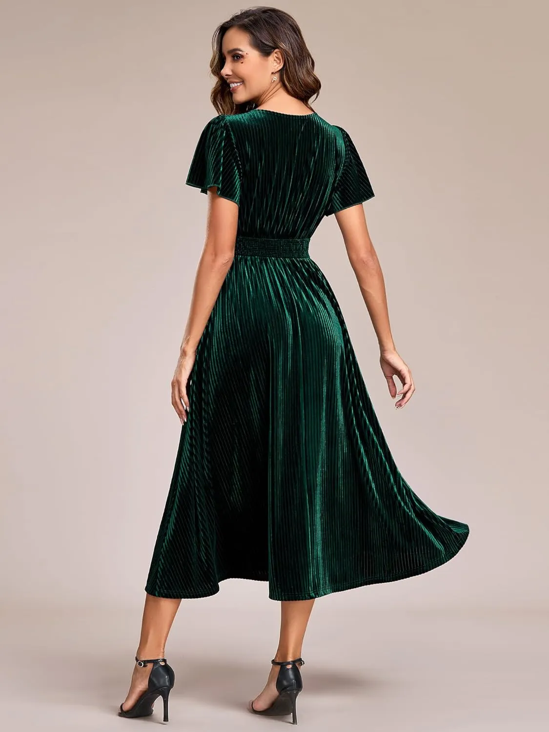 Ever-Pretty Women's V Neck A Line Velvet Midi Dress Flutter Sleeve Ruched Bridesmaid Cocktail Party Dress