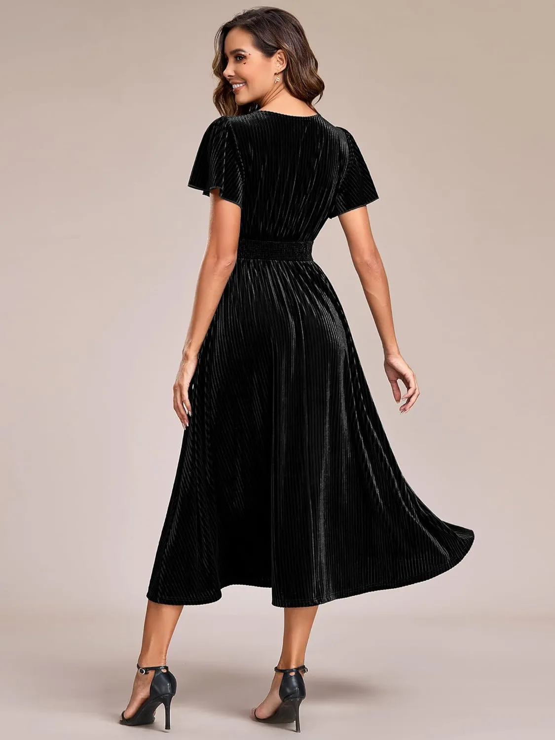 Ever-Pretty Women's V Neck A Line Velvet Midi Dress Flutter Sleeve Ruched Bridesmaid Cocktail Party Dress