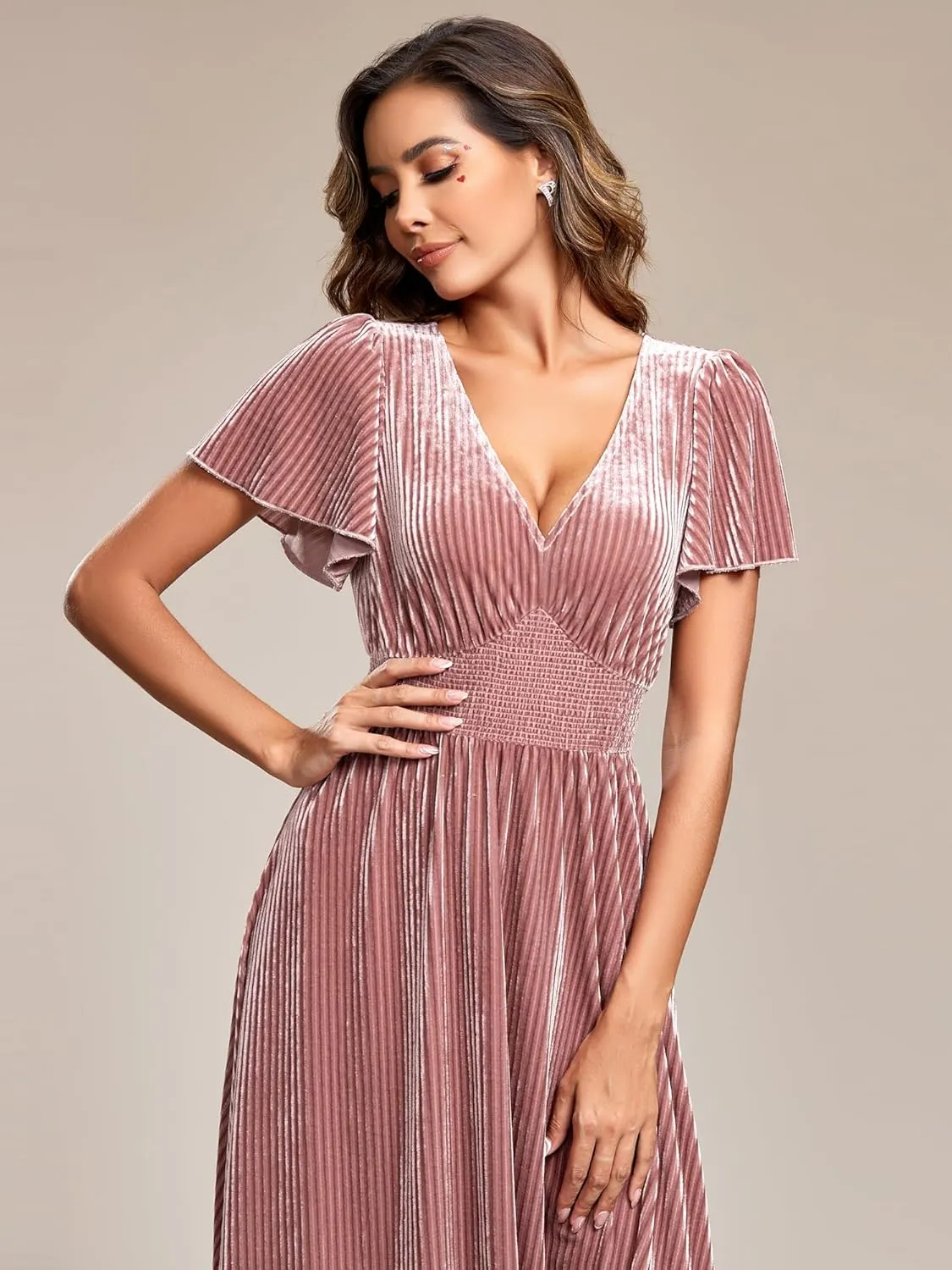 Ever-Pretty Women's V Neck A Line Velvet Midi Dress Flutter Sleeve Ruched Bridesmaid Cocktail Party Dress
