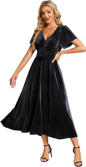 Ever-Pretty Women's V Neck A Line Velvet Midi Dress Flutter Sleeve Ruched Bridesmaid Cocktail Party Dress