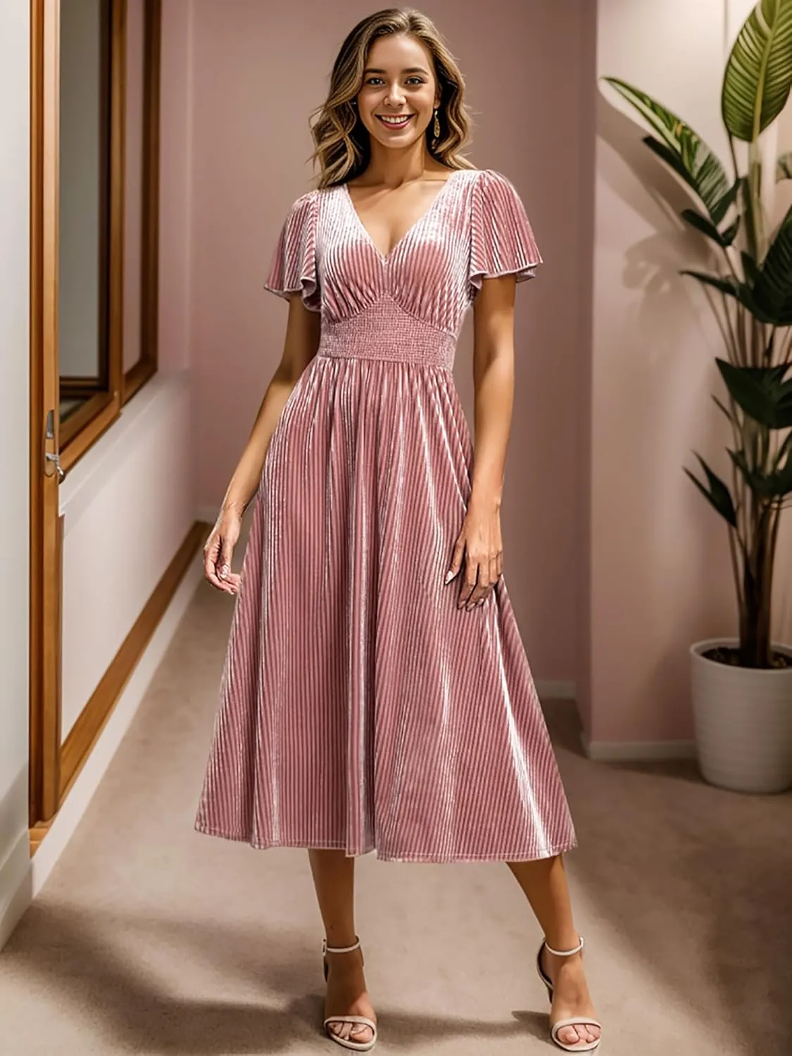 Ever-Pretty Women's V Neck A Line Velvet Midi Dress Flutter Sleeve Ruched Bridesmaid Cocktail Party Dress