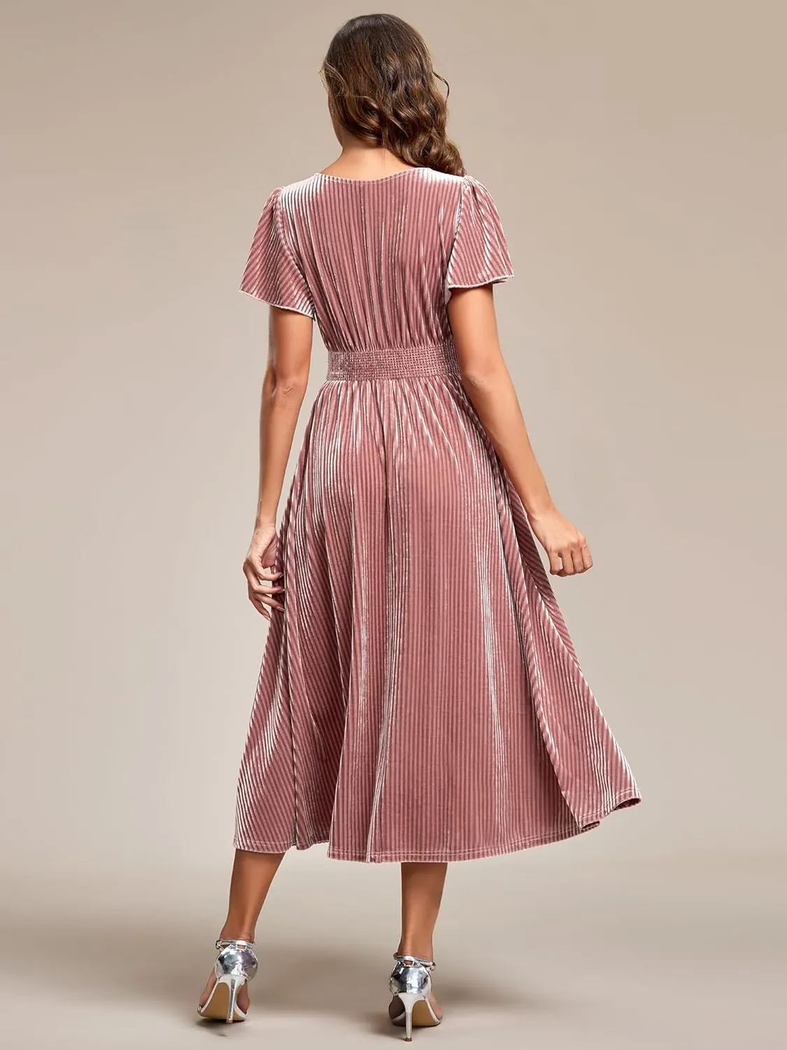 Ever-Pretty Women's V Neck A Line Velvet Midi Dress Flutter Sleeve Ruched Bridesmaid Cocktail Party Dress