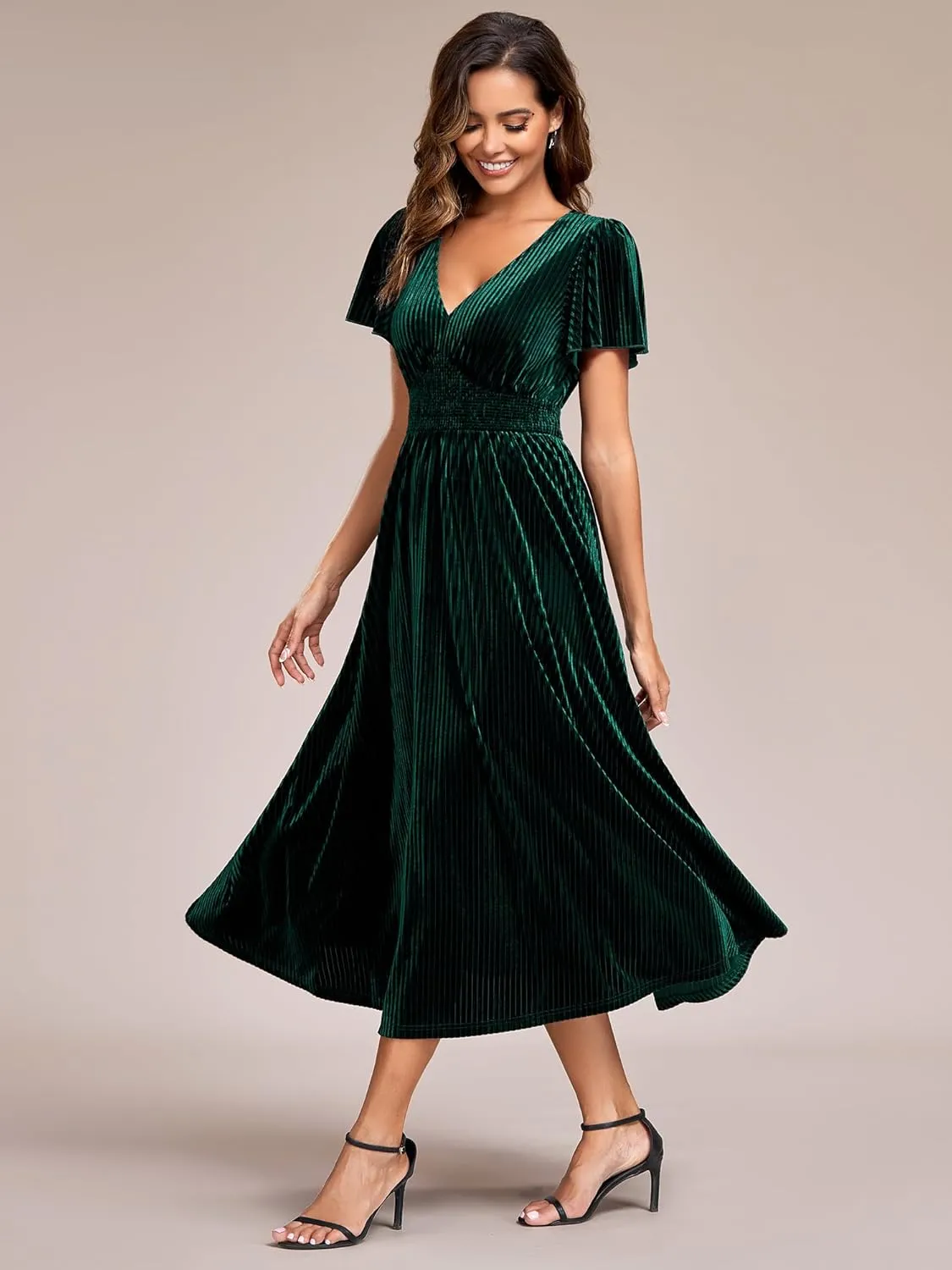 Ever-Pretty Women's V Neck A Line Velvet Midi Dress Flutter Sleeve Ruched Bridesmaid Cocktail Party Dress