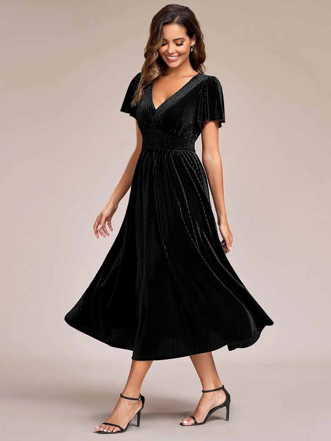 Ever-Pretty Women's V Neck A Line Velvet Midi Dress Flutter Sleeve Ruched Bridesmaid Cocktail Party Dress