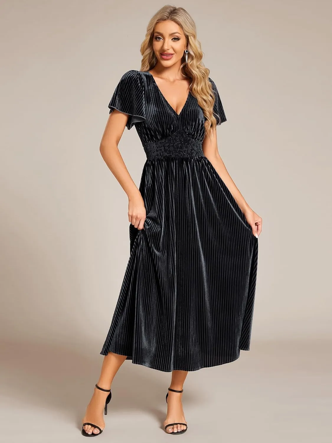 Ever-Pretty Women's V Neck A Line Velvet Midi Dress Flutter Sleeve Ruched Bridesmaid Cocktail Party Dress