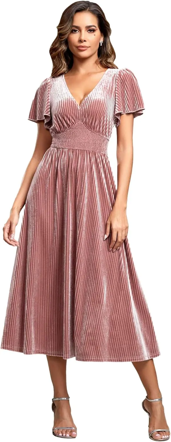 Ever-Pretty Women's V Neck A Line Velvet Midi Dress Flutter Sleeve Ruched Bridesmaid Cocktail Party Dress
