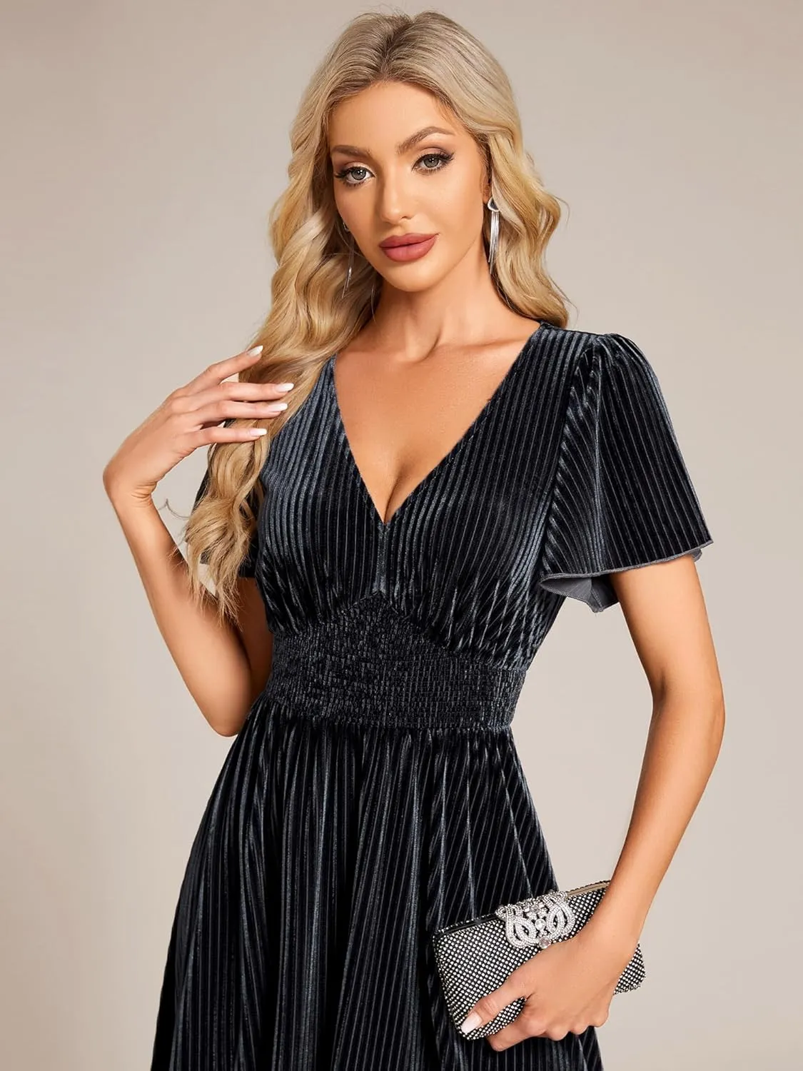 Ever-Pretty Women's V Neck A Line Velvet Midi Dress Flutter Sleeve Ruched Bridesmaid Cocktail Party Dress
