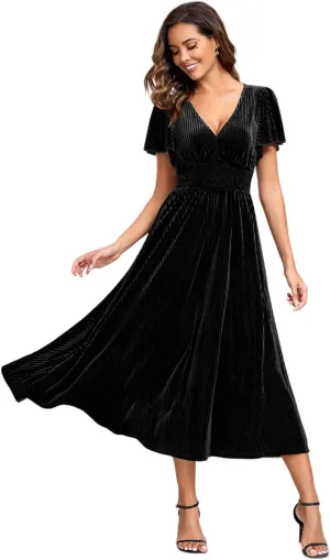 Ever-Pretty Women's V Neck A Line Velvet Midi Dress Flutter Sleeve Ruched Bridesmaid Cocktail Party Dress