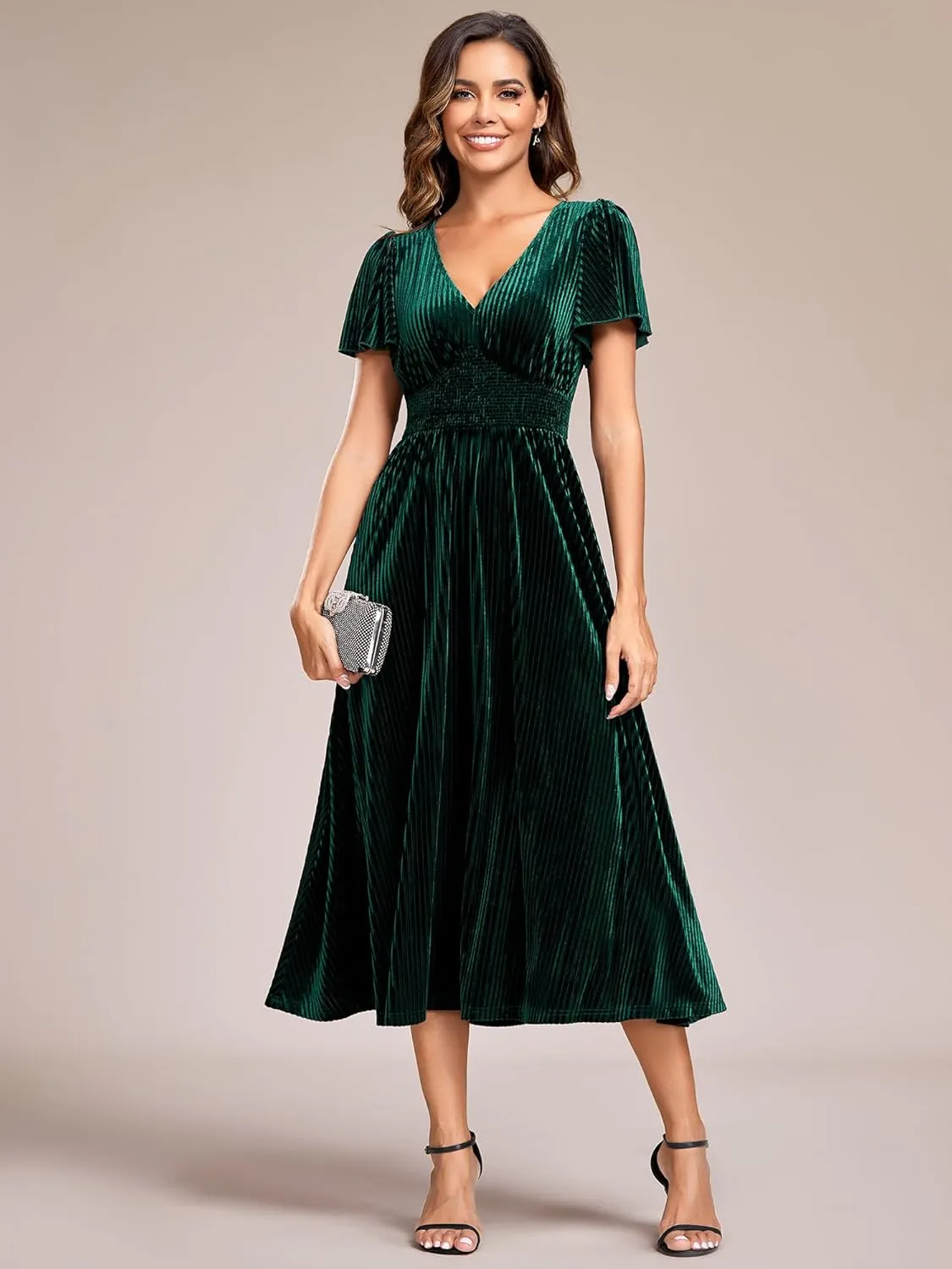Ever-Pretty Women's V Neck A Line Velvet Midi Dress Flutter Sleeve Ruched Bridesmaid Cocktail Party Dress