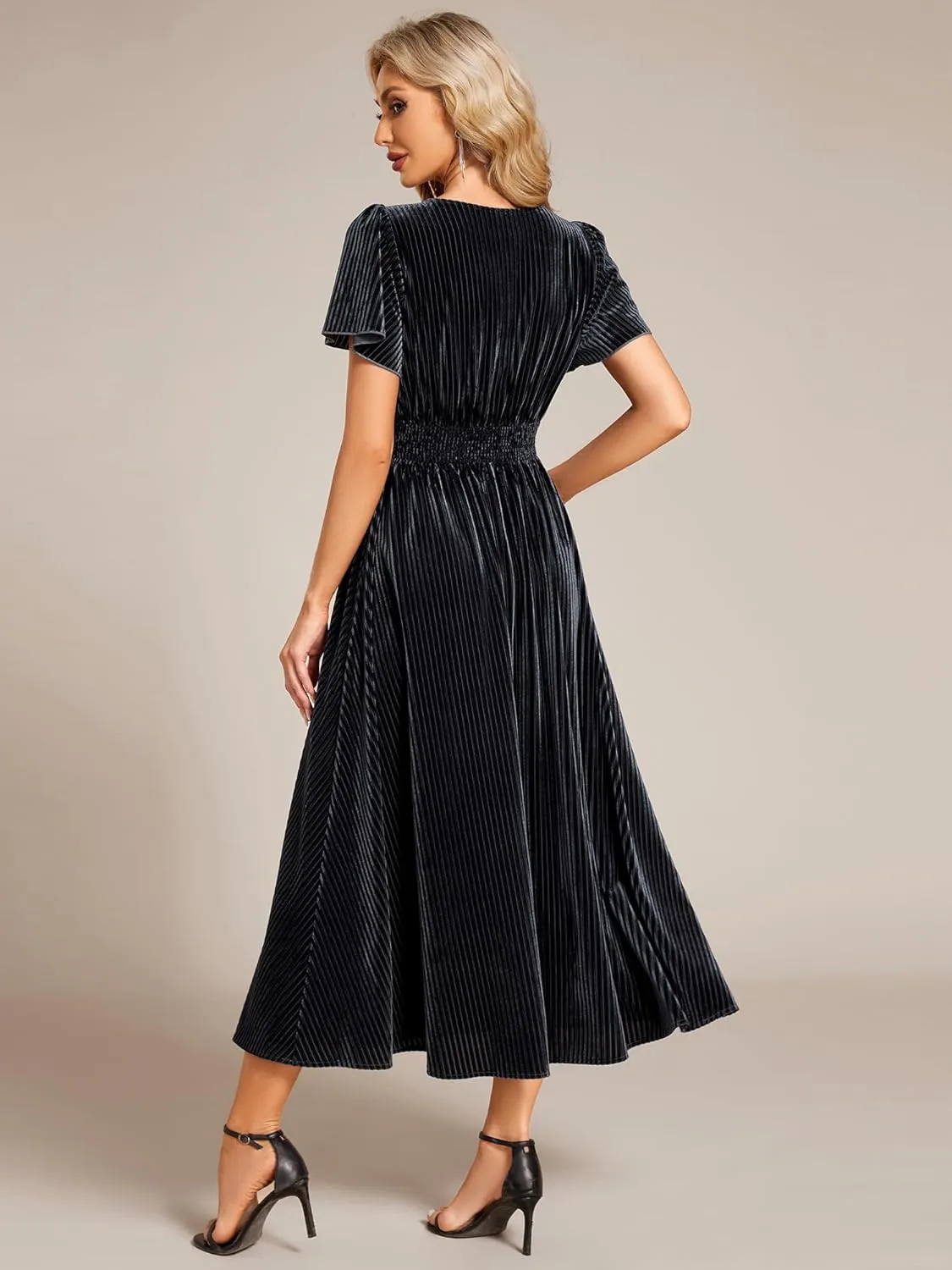 Ever-Pretty Women's V Neck A Line Velvet Midi Dress Flutter Sleeve Ruched Bridesmaid Cocktail Party Dress