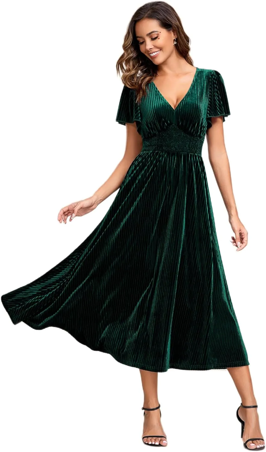 Ever-Pretty Women's V Neck A Line Velvet Midi Dress Flutter Sleeve Ruched Bridesmaid Cocktail Party Dress