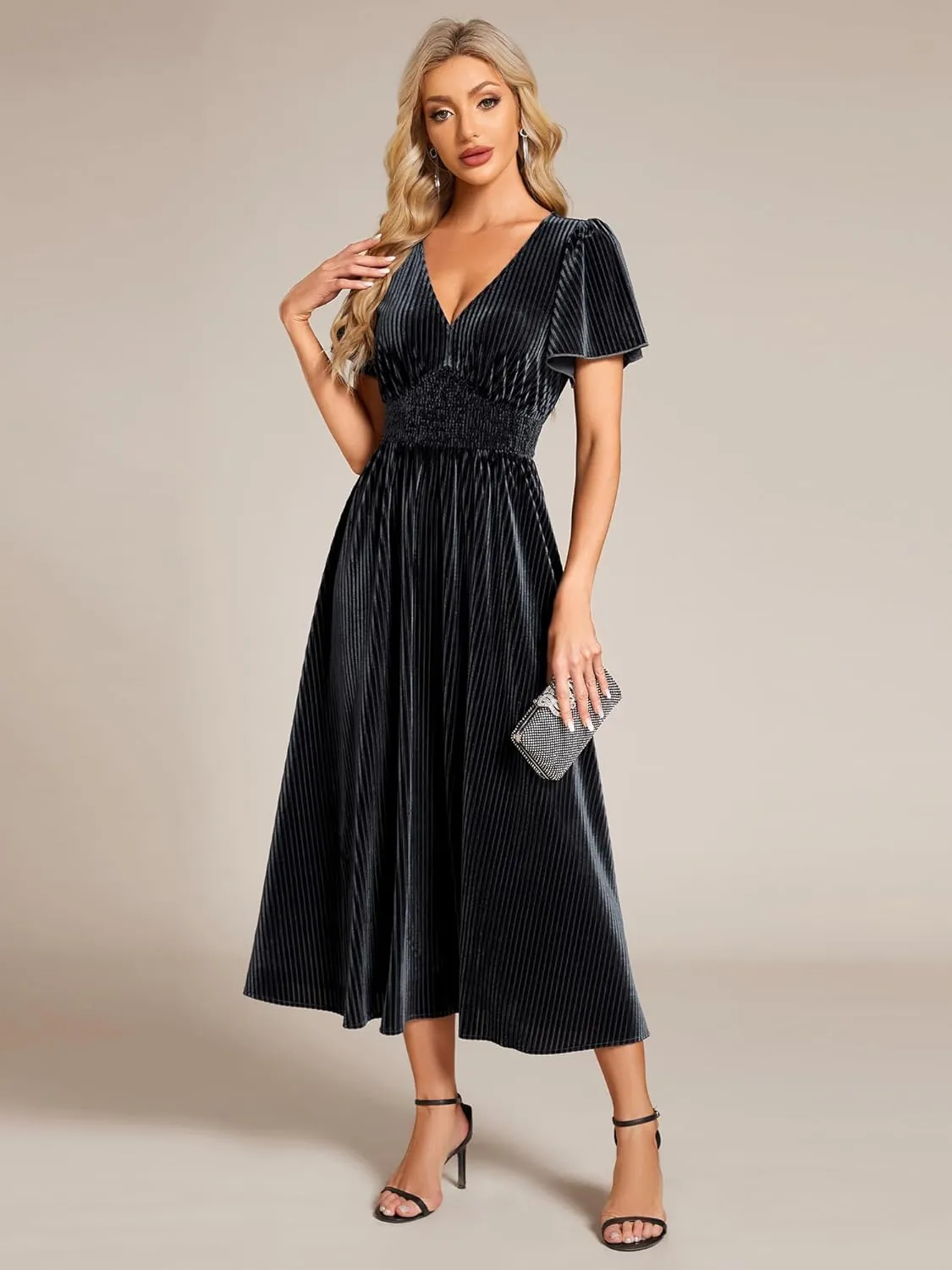 Ever-Pretty Women's V Neck A Line Velvet Midi Dress Flutter Sleeve Ruched Bridesmaid Cocktail Party Dress