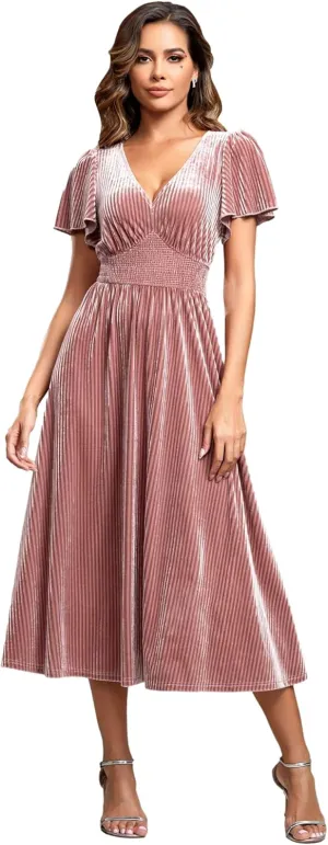 Ever-Pretty Women's V Neck A Line Velvet Midi Dress Flutter Sleeve Ruched Bridesmaid Cocktail Party Dress
