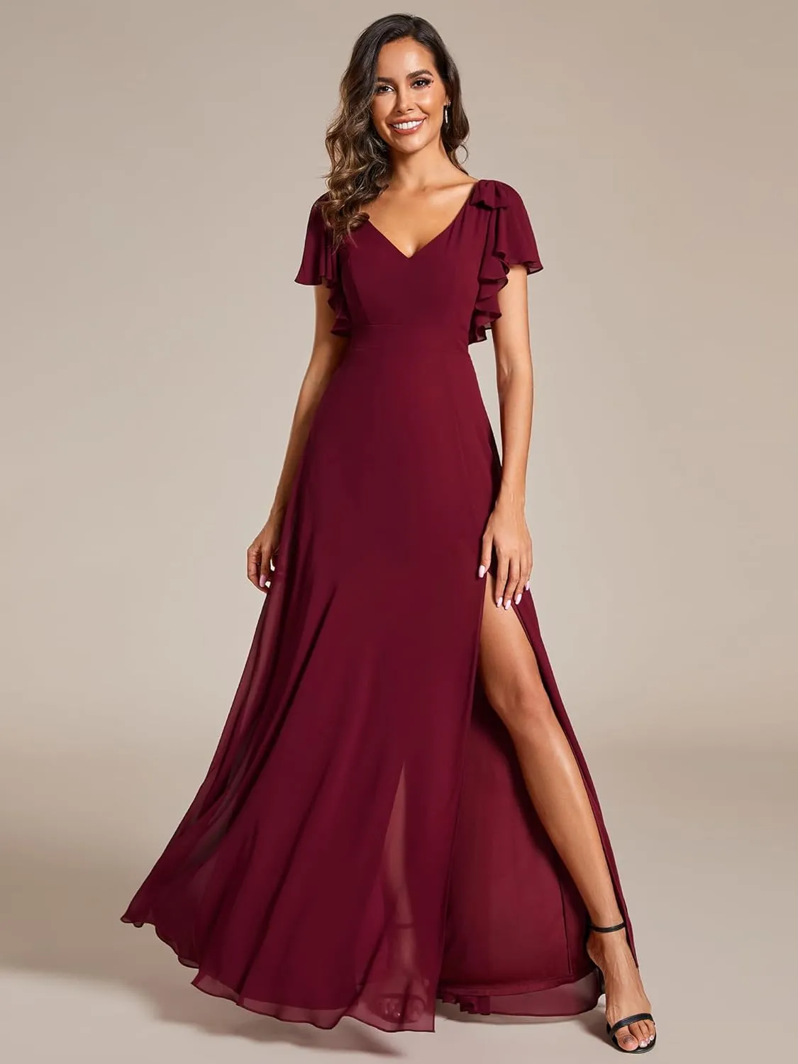 Ever-Pretty Women's V Neck High Waist Bridesmaid Dress Ruffle Sleeves Slit A Line Maxi Semi Formal Dresses 02080