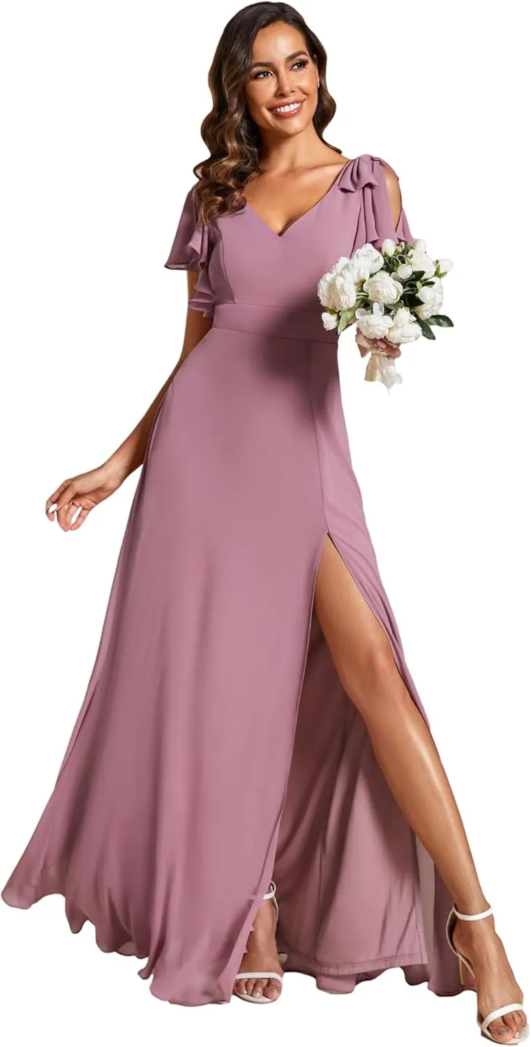 Ever-Pretty Women's V Neck High Waist Bridesmaid Dress Ruffle Sleeves Slit A Line Maxi Semi Formal Dresses 02080