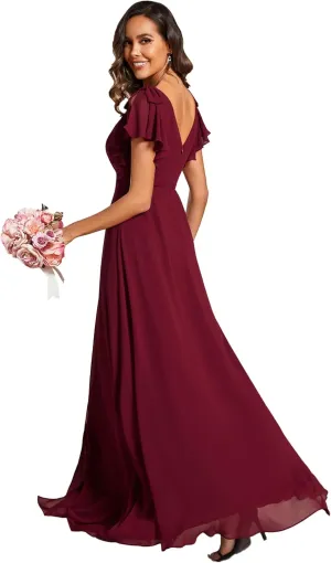 Ever-Pretty Women's V Neck High Waist Bridesmaid Dress Ruffle Sleeves Slit A Line Maxi Semi Formal Dresses 02080