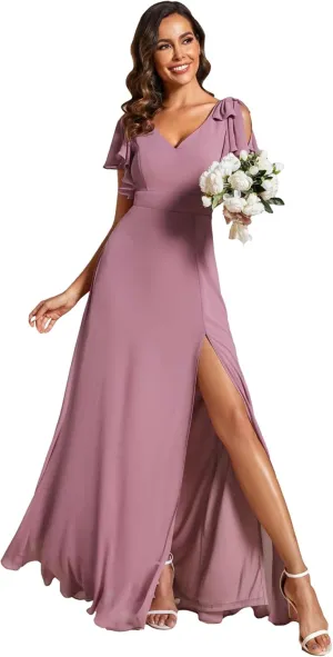 Ever-Pretty Women's V Neck High Waist Bridesmaid Dress Ruffle Sleeves Slit A Line Maxi Semi Formal Dresses 02080