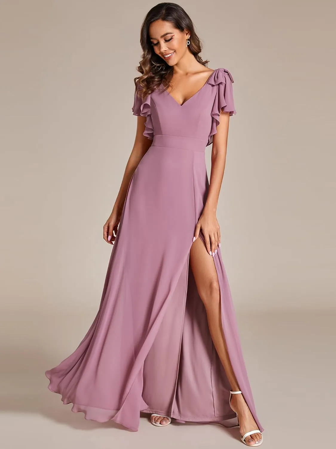 Ever-Pretty Women's V Neck High Waist Bridesmaid Dress Ruffle Sleeves Slit A Line Maxi Semi Formal Dresses 02080