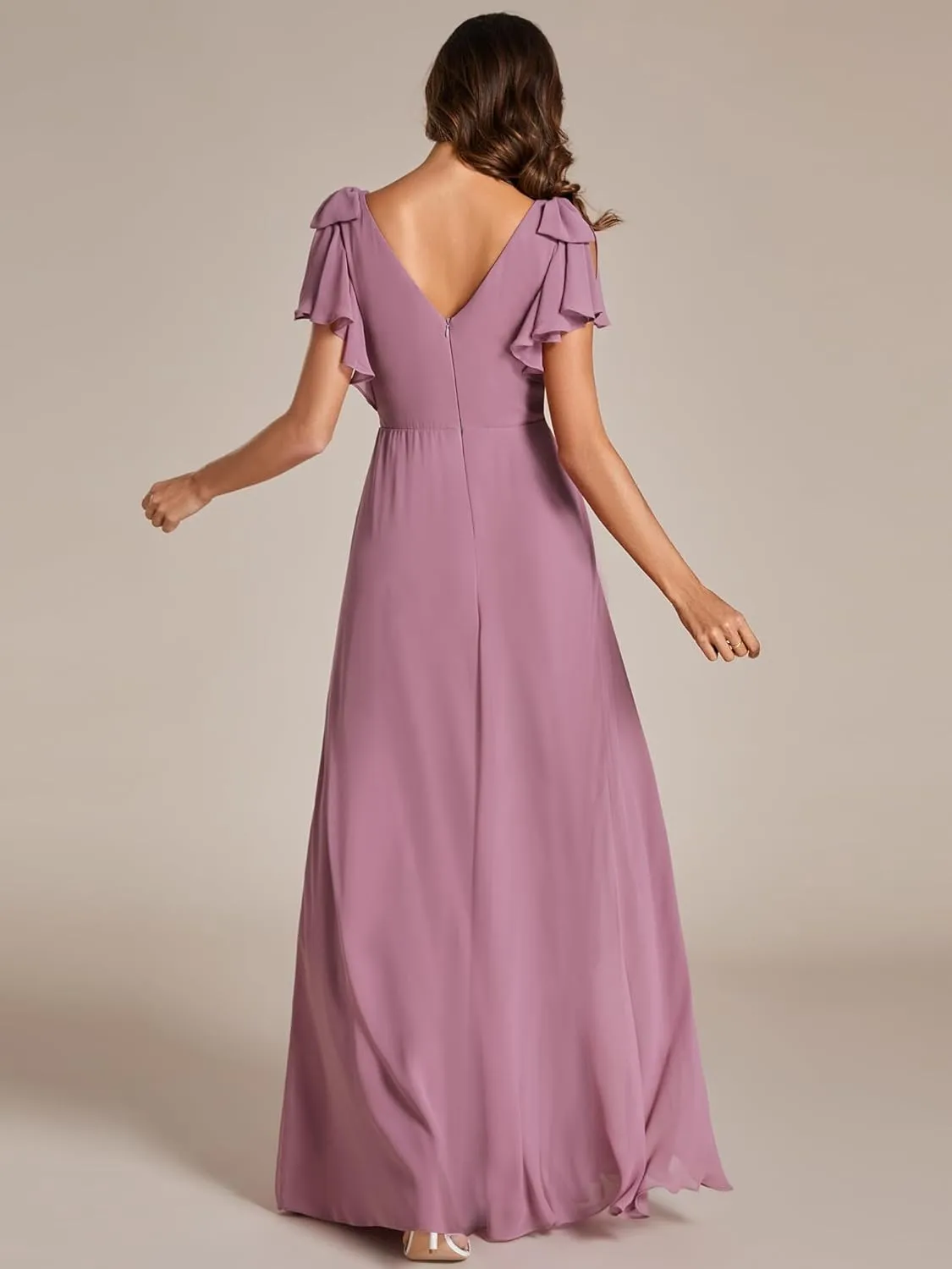 Ever-Pretty Women's V Neck High Waist Bridesmaid Dress Ruffle Sleeves Slit A Line Maxi Semi Formal Dresses 02080