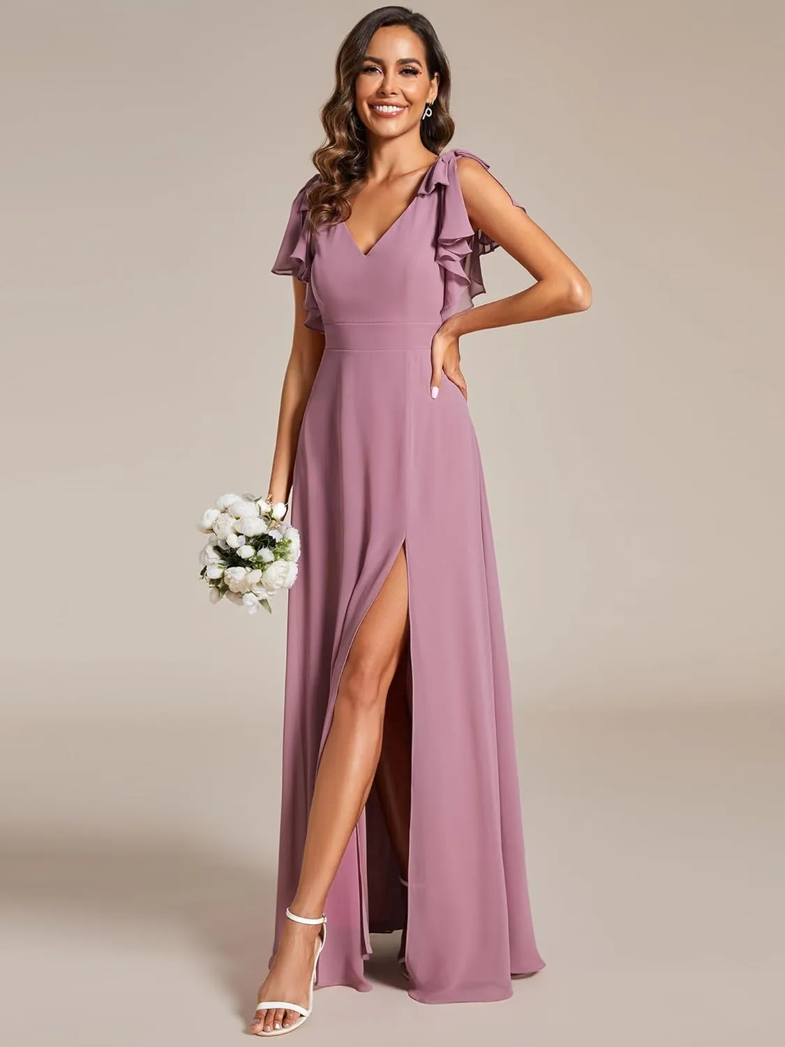 Ever-Pretty Women's V Neck High Waist Bridesmaid Dress Ruffle Sleeves Slit A Line Maxi Semi Formal Dresses 02080