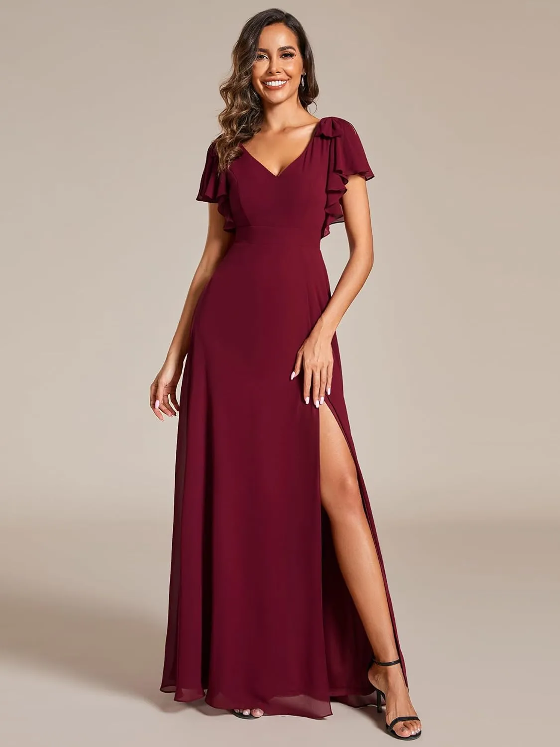 Ever-Pretty Women's V Neck High Waist Bridesmaid Dress Ruffle Sleeves Slit A Line Maxi Semi Formal Dresses 02080