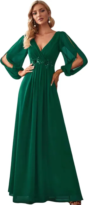 Ever-Pretty Women's V Neck Long Sleeves Floor Length Ruched Chiffon Formal Dress 00461
