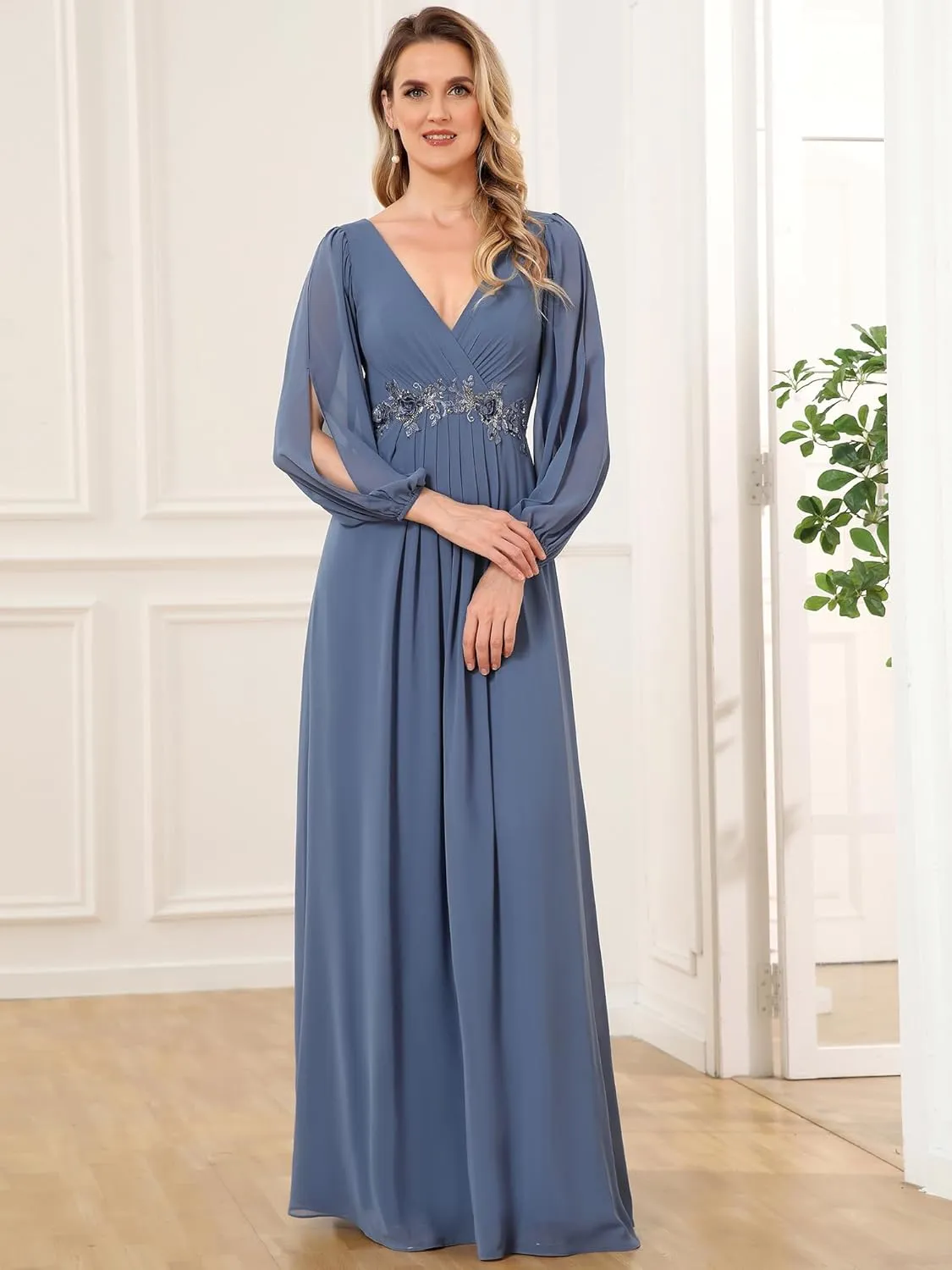 Ever-Pretty Women's V Neck Long Sleeves Floor Length Ruched Chiffon Formal Dress 00461