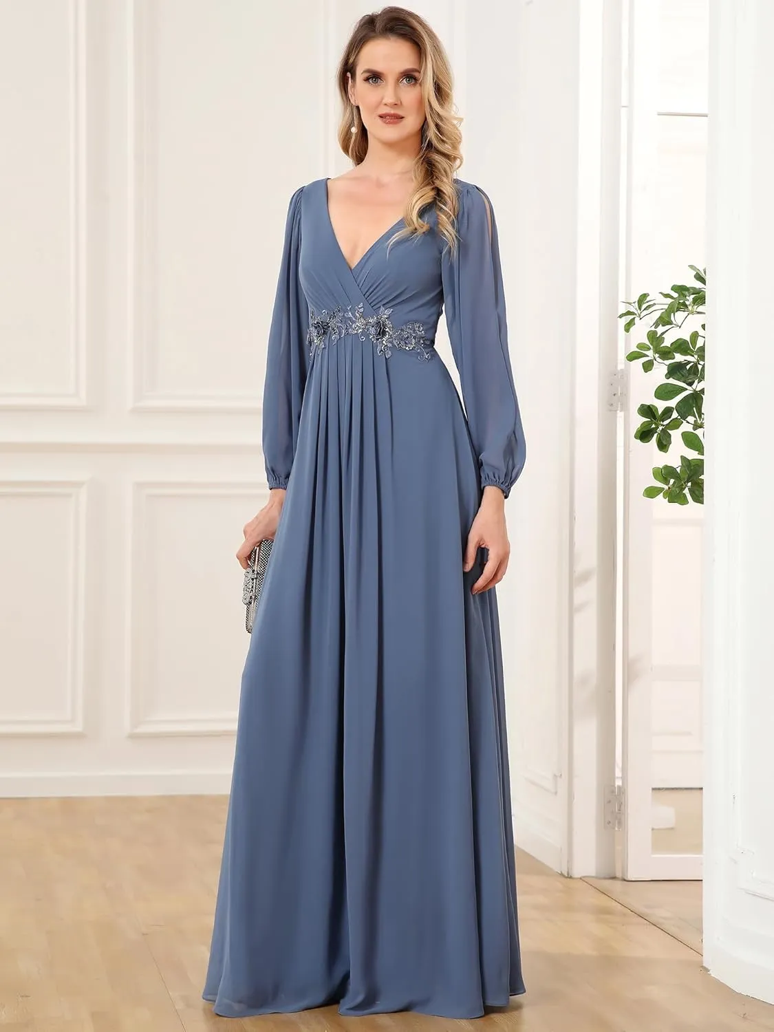 Ever-Pretty Women's V Neck Long Sleeves Floor Length Ruched Chiffon Formal Dress 00461