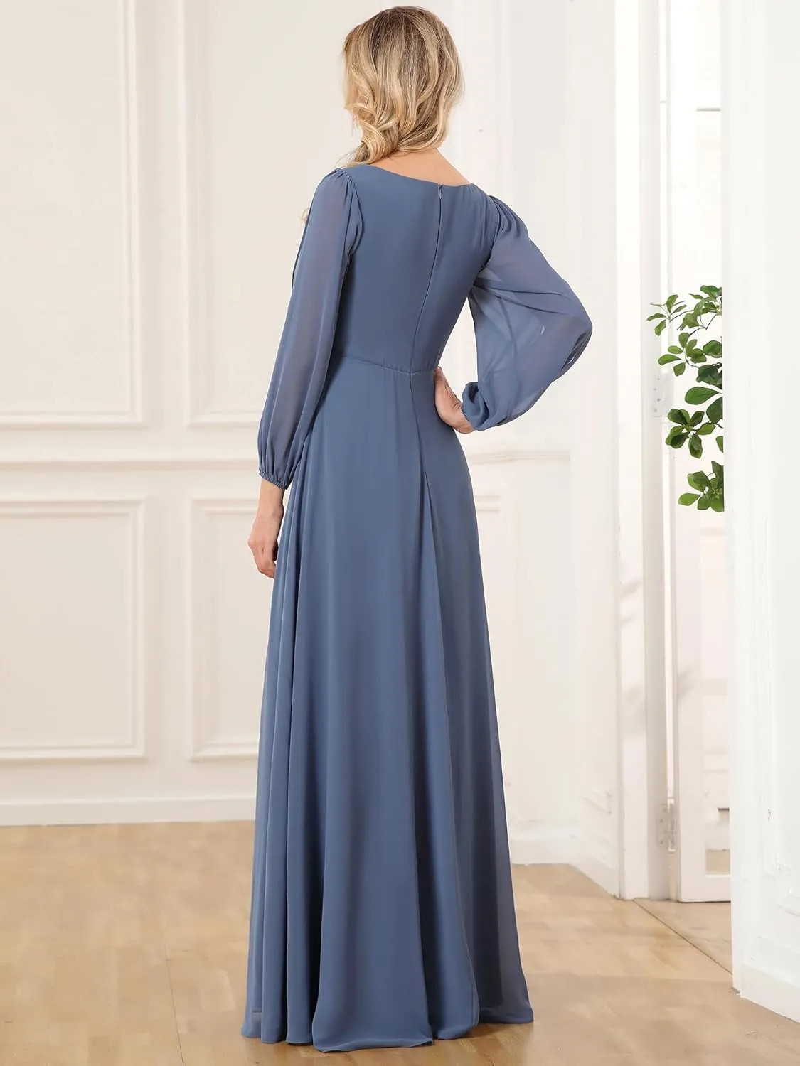 Ever-Pretty Women's V Neck Long Sleeves Floor Length Ruched Chiffon Formal Dress 00461