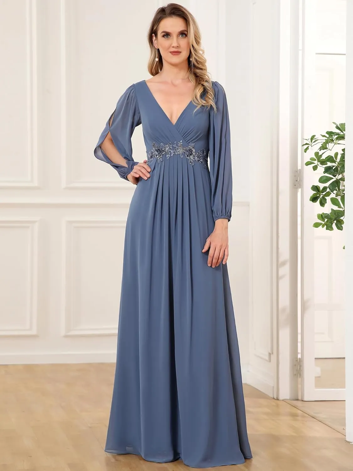 Ever-Pretty Women's V Neck Long Sleeves Floor Length Ruched Chiffon Formal Dress 00461
