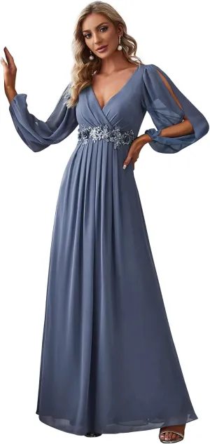 Ever-Pretty Women's V Neck Long Sleeves Floor Length Ruched Chiffon Formal Dress 00461