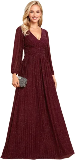 Ever-Pretty Women's V Neck Ruched High Waist Long Sleeves Floor Length Glitter Evening Dresses 01961