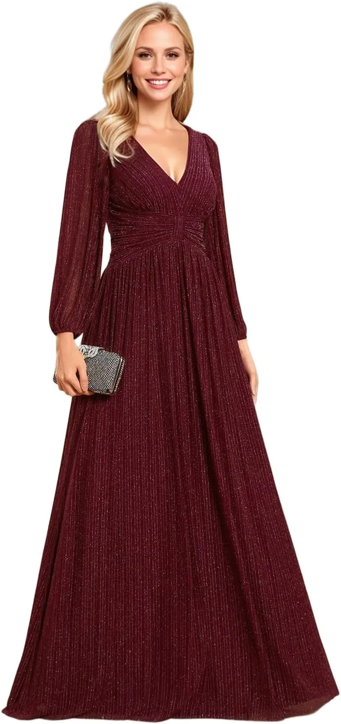 Ever-Pretty Women's V Neck Ruched High Waist Long Sleeves Floor Length Glitter Evening Dresses 01961