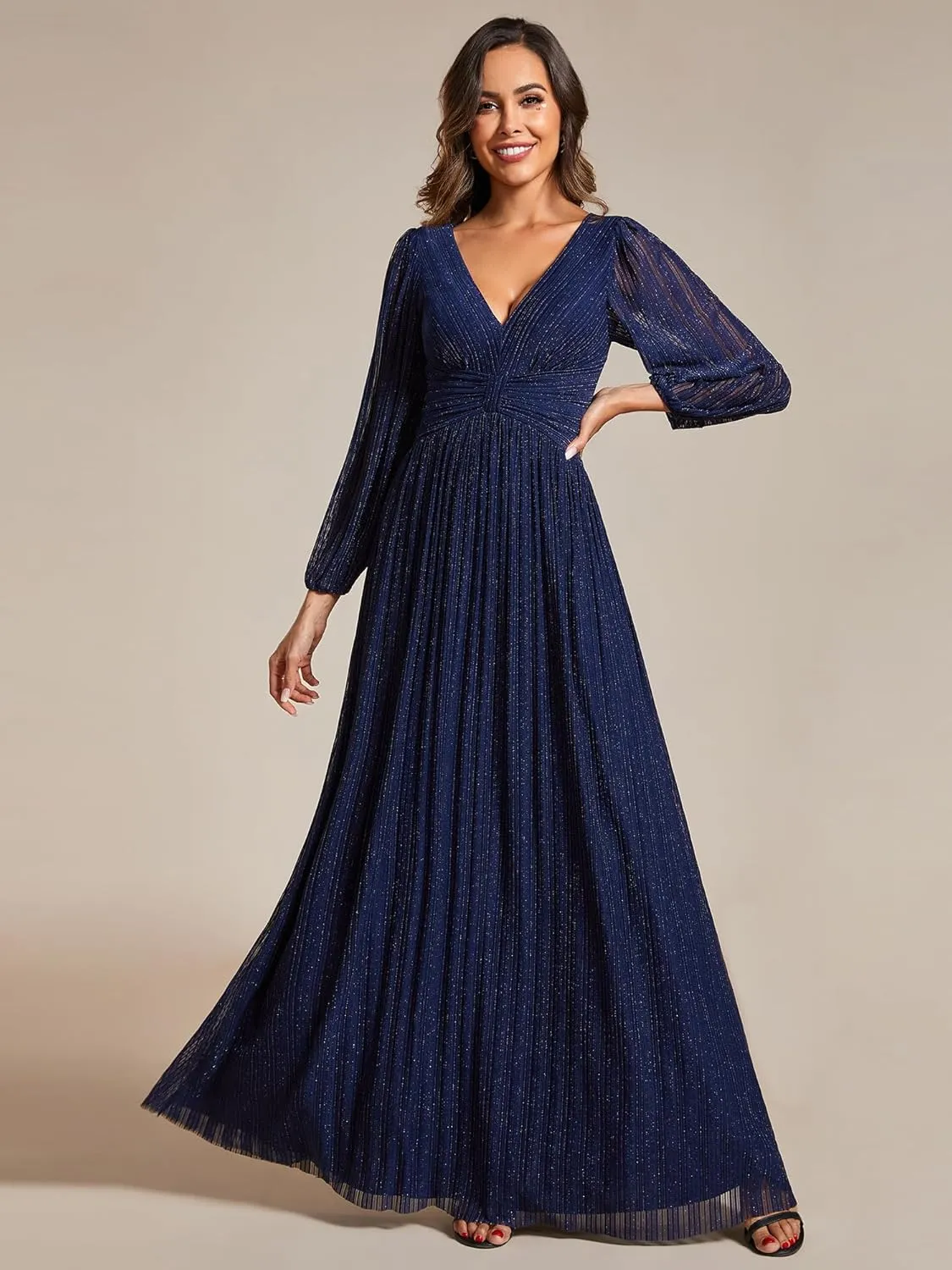 Ever-Pretty Women's V Neck Ruched High Waist Long Sleeves Floor Length Glitter Evening Dresses 01961