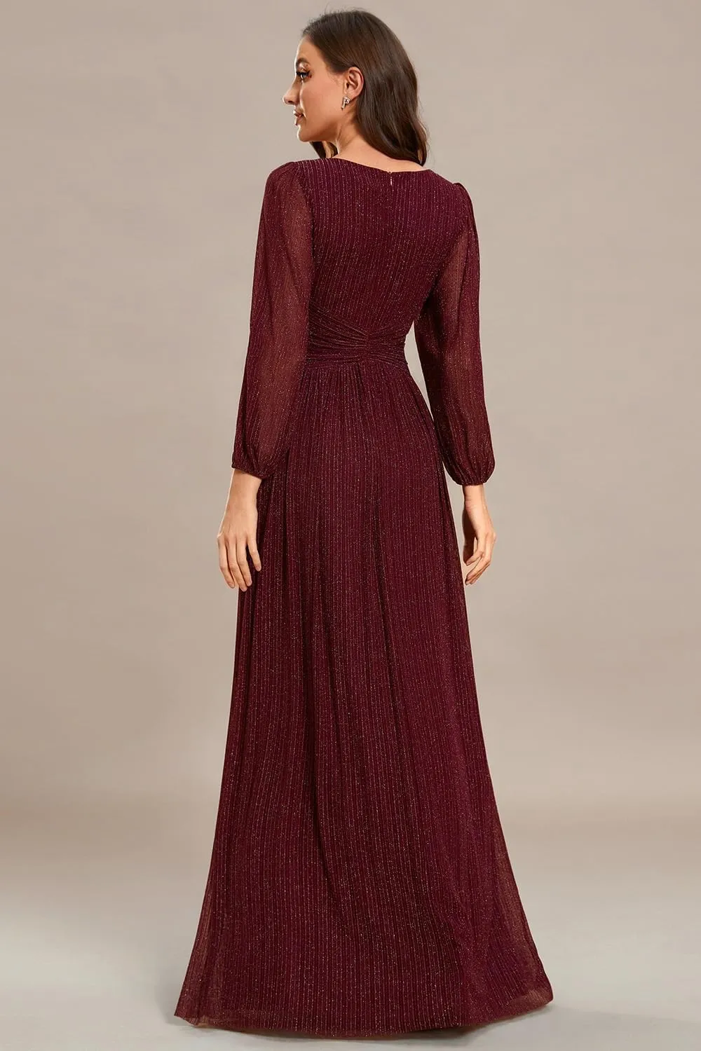 Ever-Pretty Women's V Neck Ruched High Waist Long Sleeves Floor Length Glitter Evening Dresses 01961