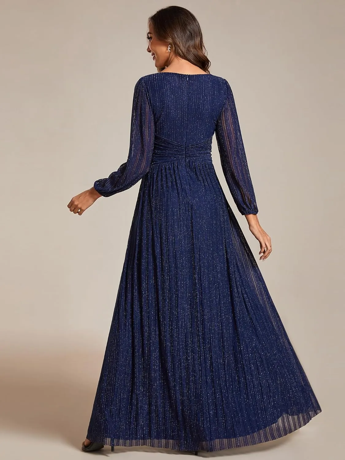 Ever-Pretty Women's V Neck Ruched High Waist Long Sleeves Floor Length Glitter Evening Dresses 01961