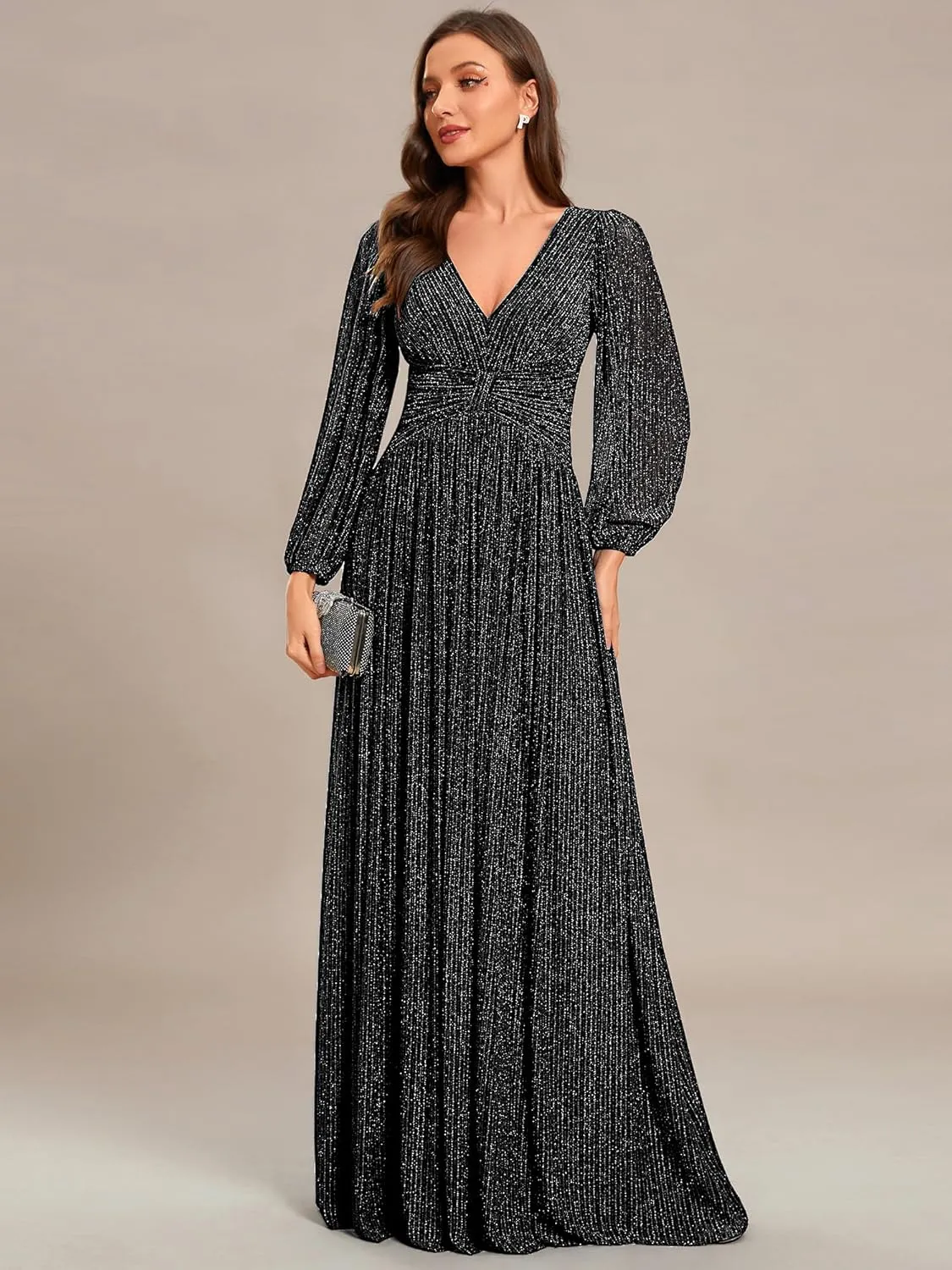 Ever-Pretty Women's V Neck Ruched High Waist Long Sleeves Floor Length Glitter Evening Dresses 01961