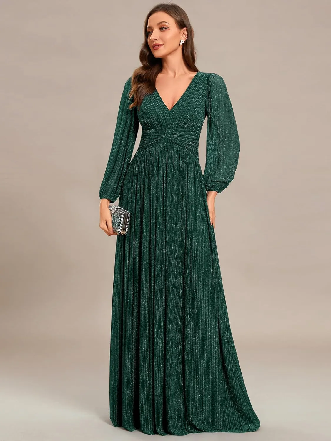 Ever-Pretty Women's V Neck Ruched High Waist Long Sleeves Floor Length Glitter Evening Dresses 01961